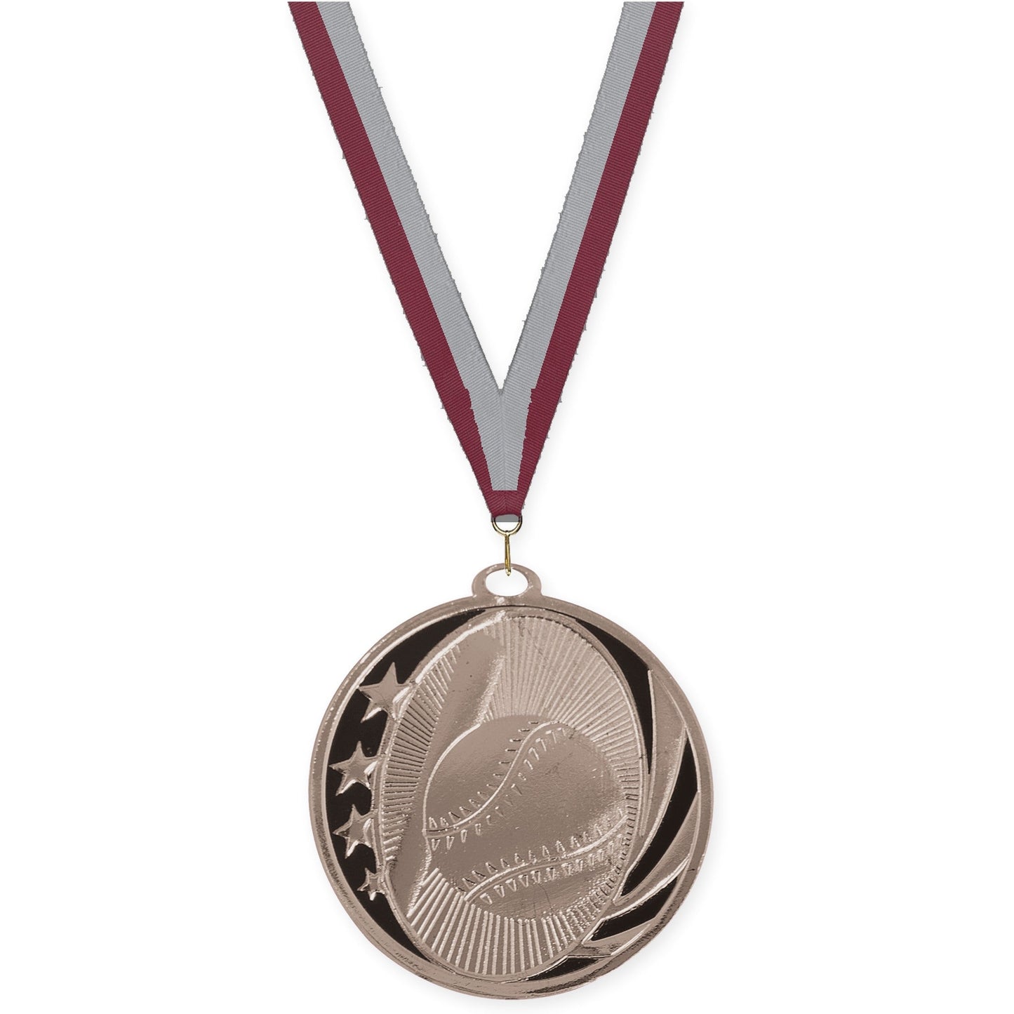 2 inch baseball and softball MidNite Star medal in bright silver with Maroon Gray neck ribbon