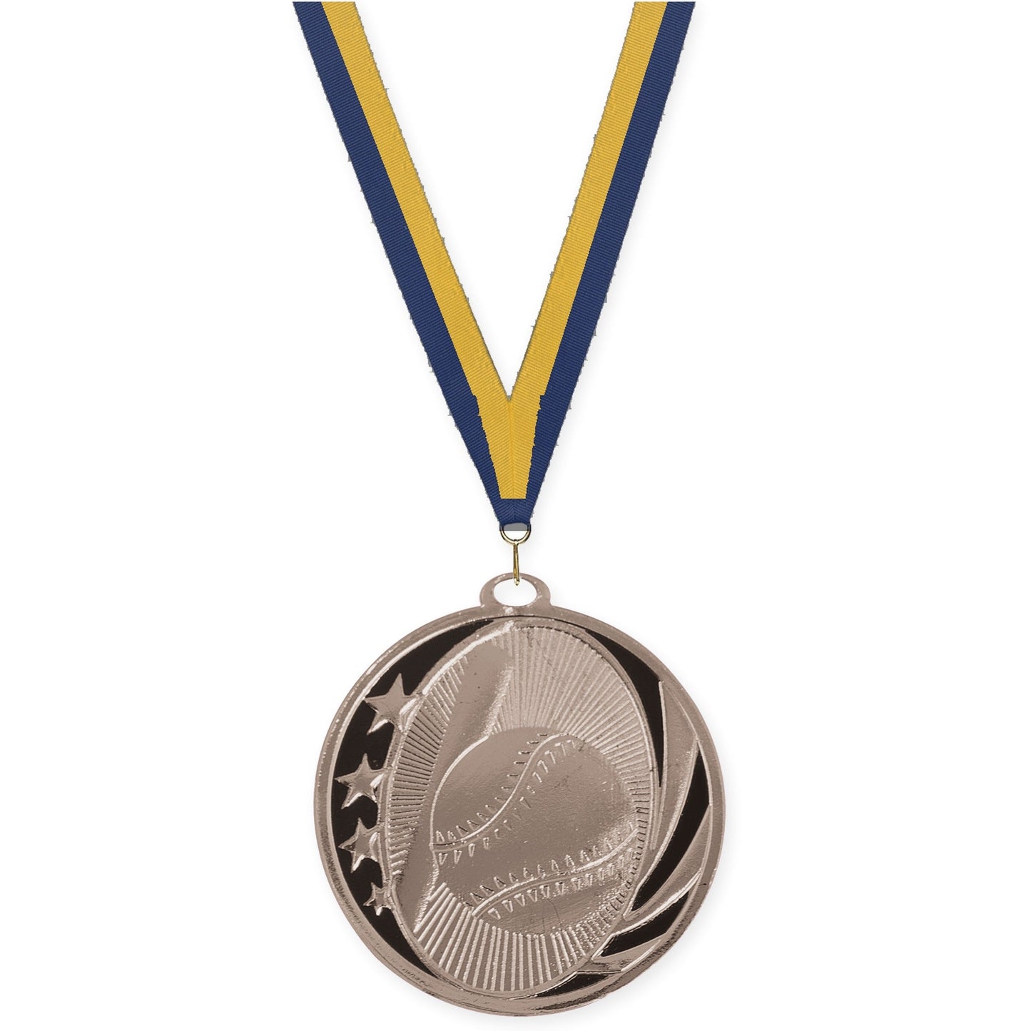 2 inch baseball and softball MidNite Star medal in bright silver with Navy Gold neck ribbon