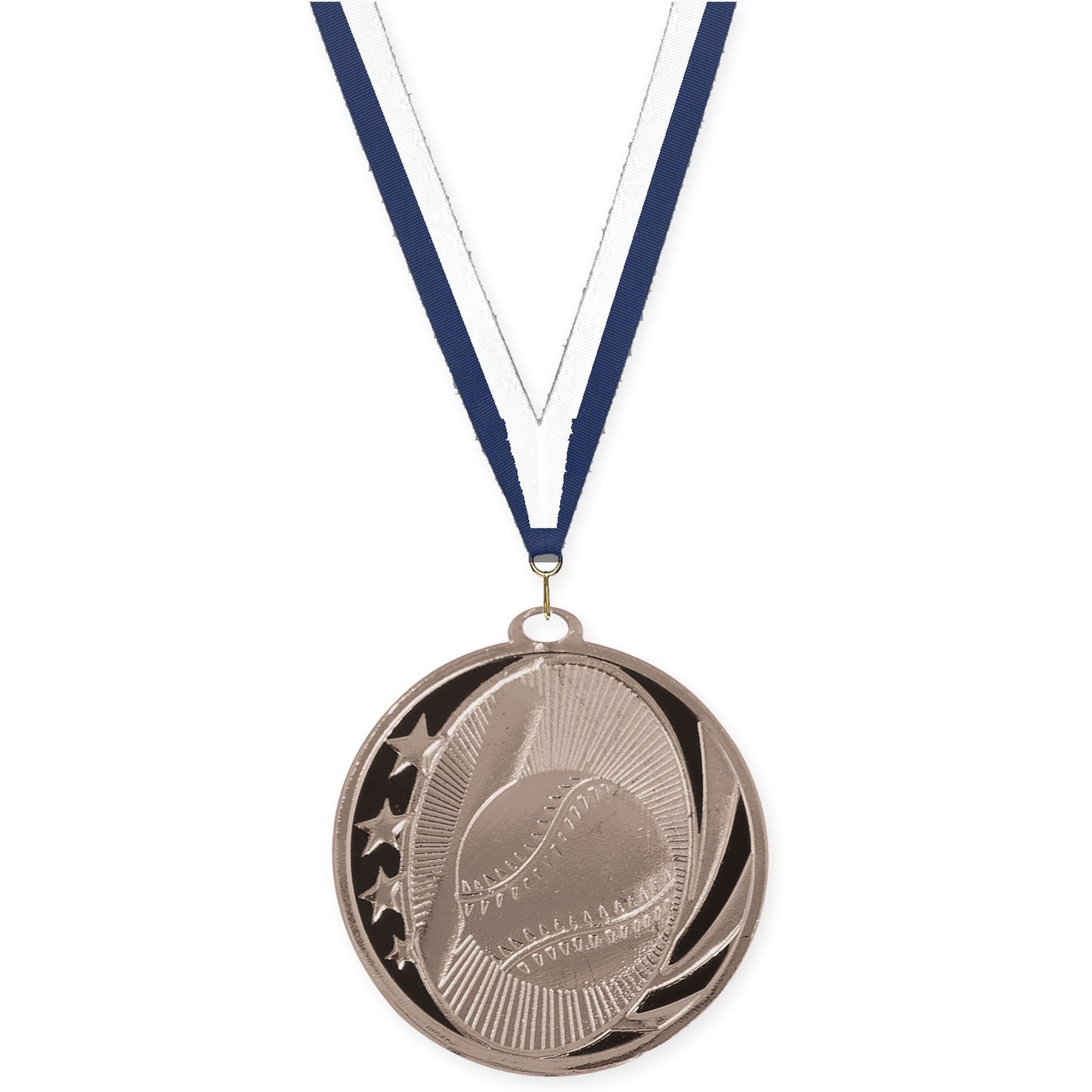 2 inch baseball and softball MidNite Star medal in bright silver with Navy White neck ribbon