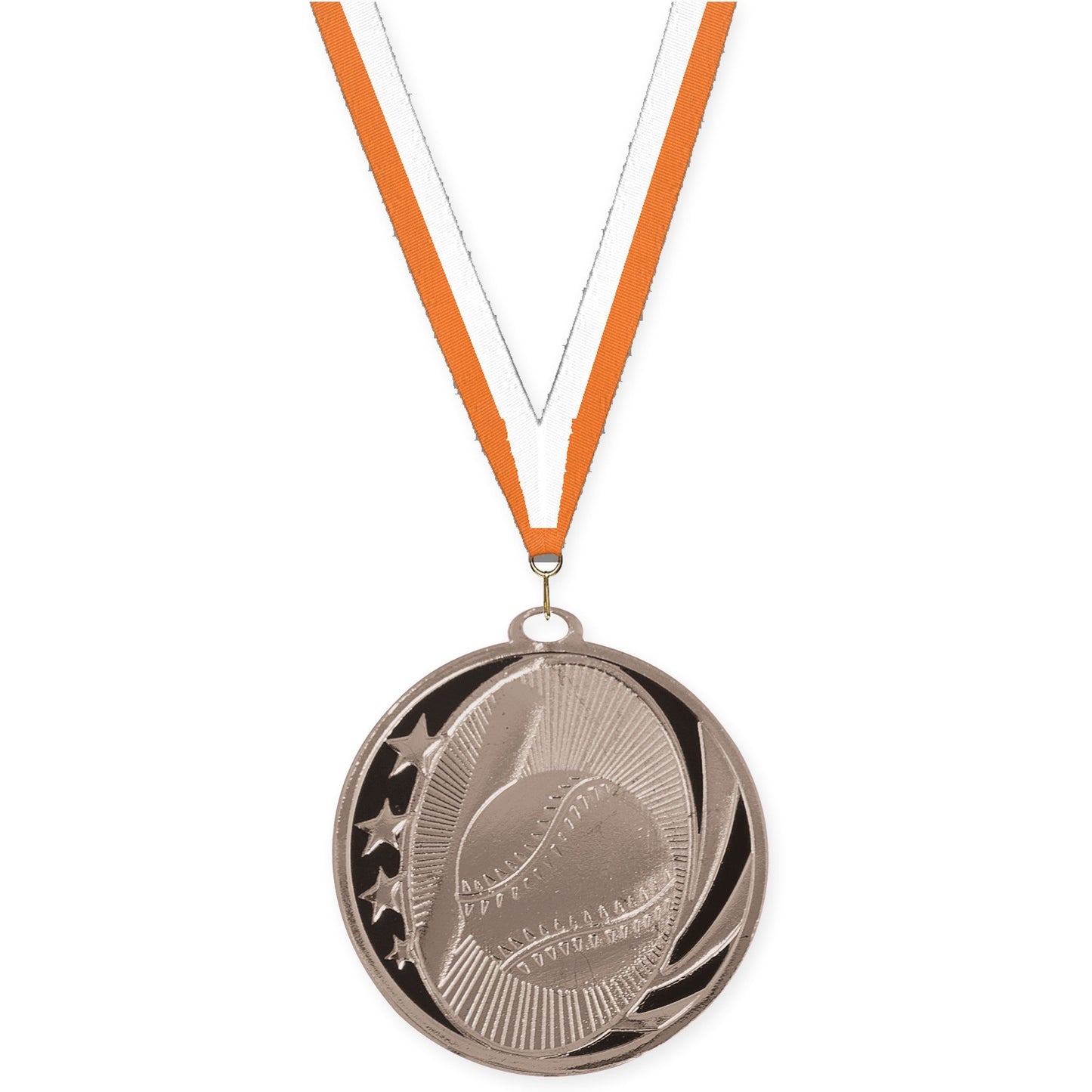 2 inch baseball and softball MidNite Star medal in bright silver with Orange White neck ribbon