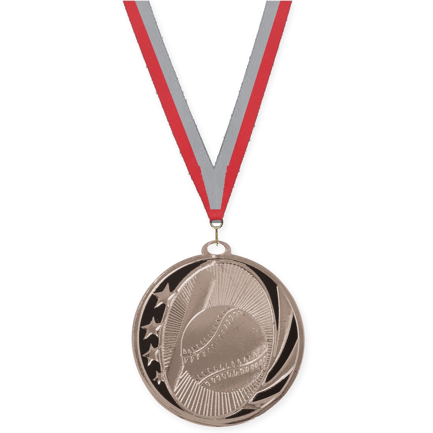 2 inch baseball and softball MidNite Star medal in bright silver with Red Gray neck ribbon