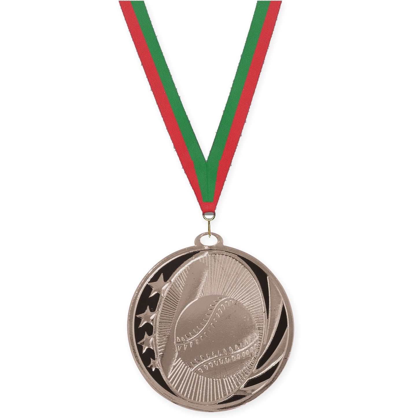 2 inch baseball and softball MidNite Star medal in bright silver with Red Green neck ribbon