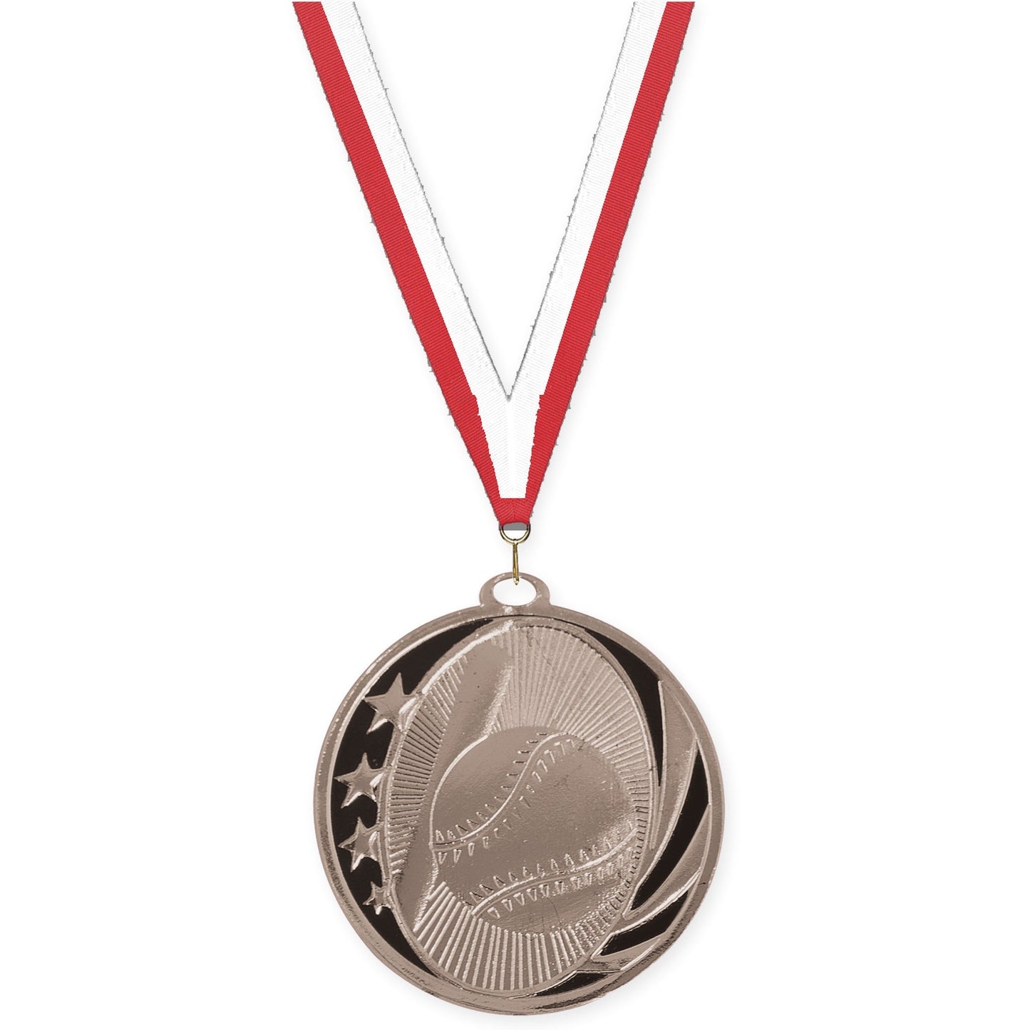2 inch baseball and softball MidNite Star medal in bright silver with Red White neck ribbon