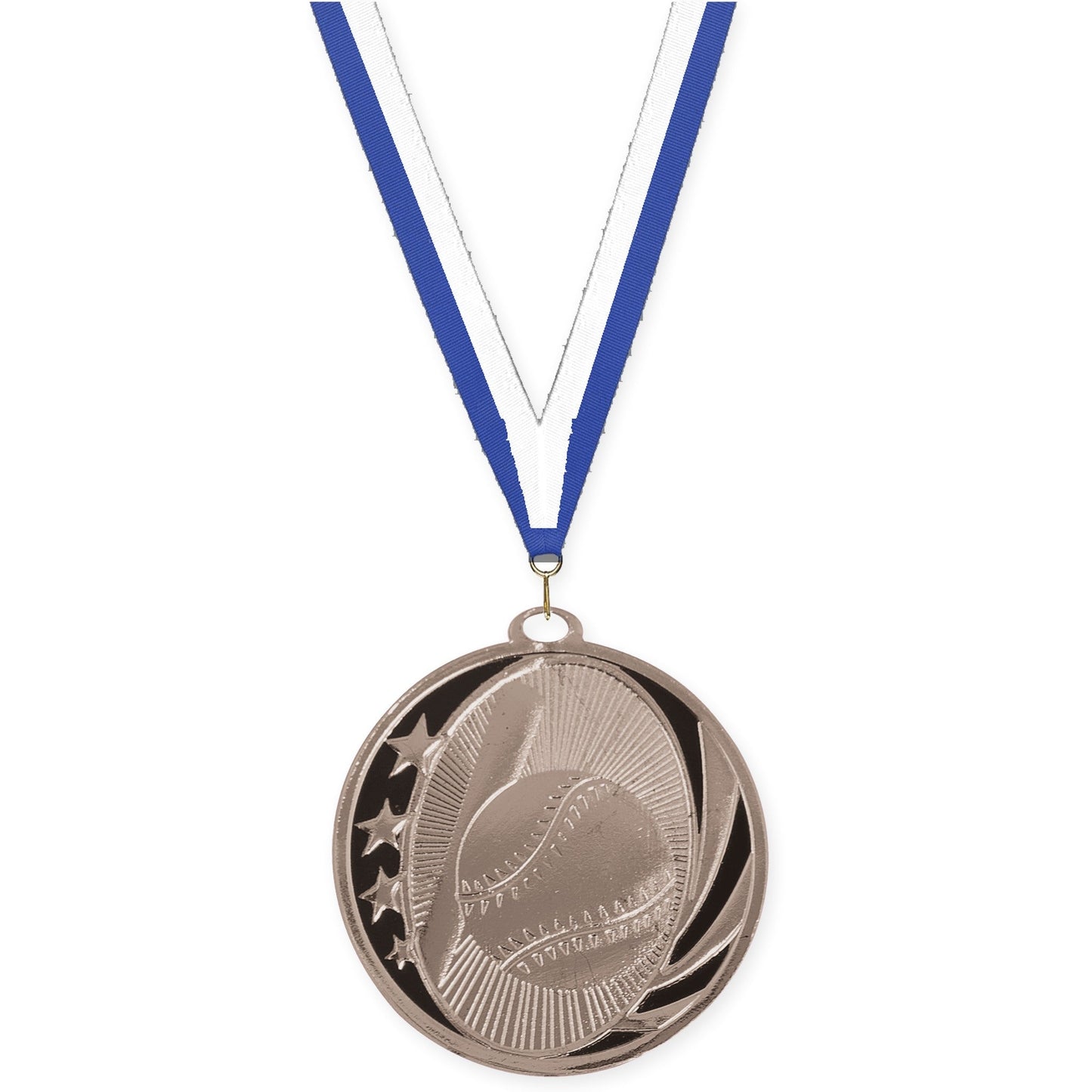2 inch baseball and softball MidNite Star medal in bright silver with Blue White neck ribbon