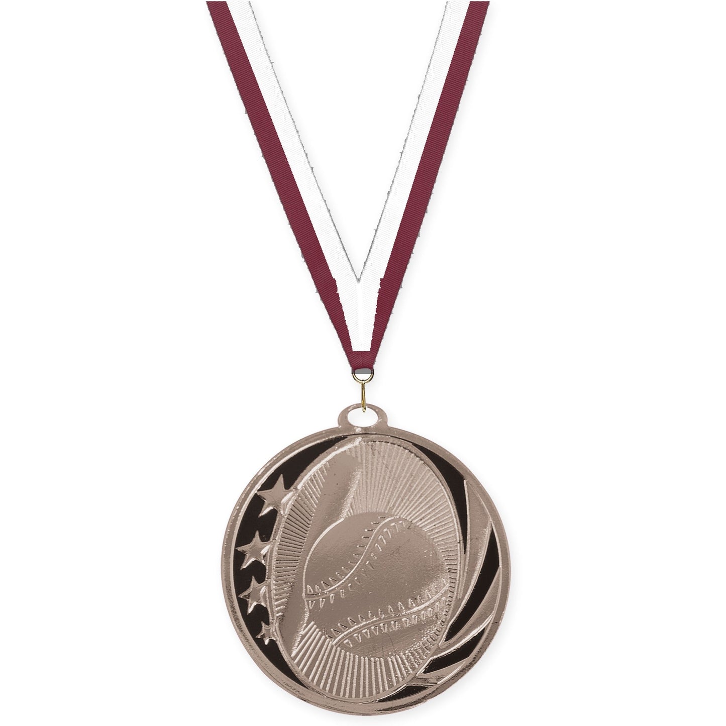 2 inch baseball and softball MidNite Star medal in bright silver with Maroon White neck ribbon
