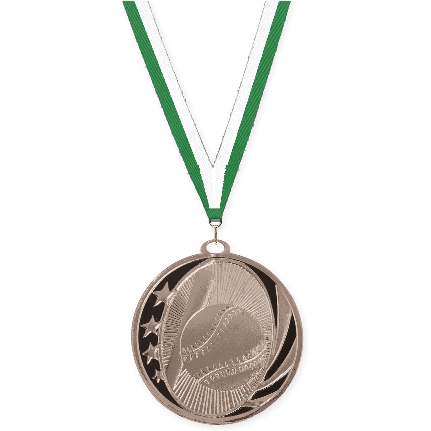 2 inch baseball and softball MidNite Star medal in bright silver with Green White neck ribbon