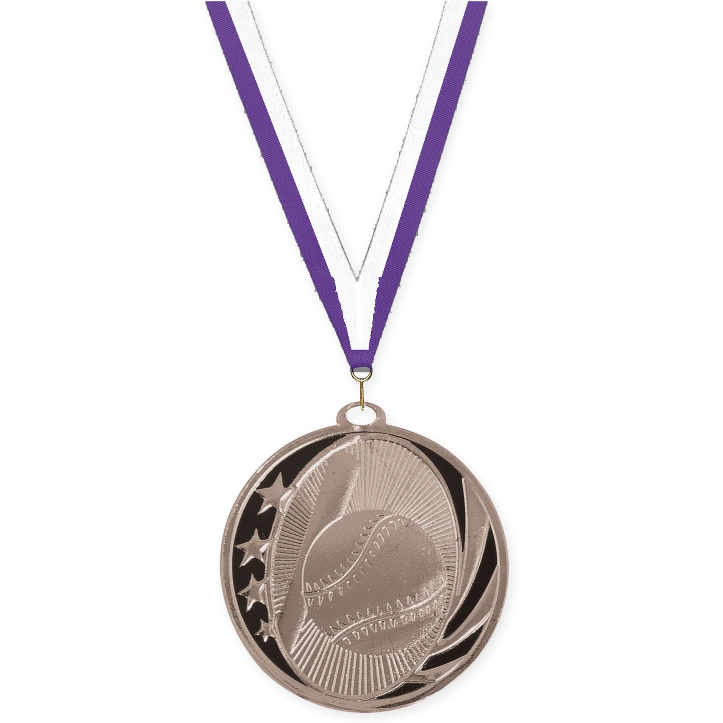 2 inch baseball and softball MidNite Star medal in bright silver with Purple White neck ribbon