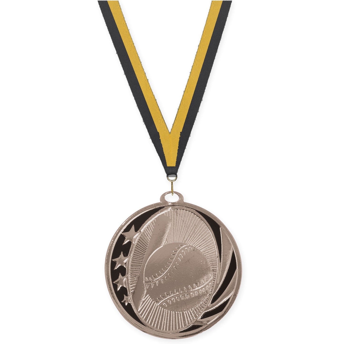 2 inch baseball and softball MidNite Star medal in bright silver with Black Gold neck ribbon
