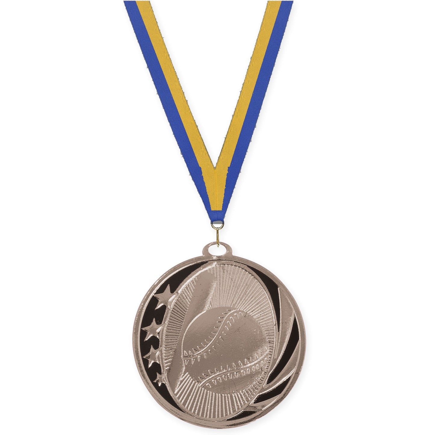 2 inch baseball and softball MidNite Star medal in bright silver with Blue Gold neck ribbon