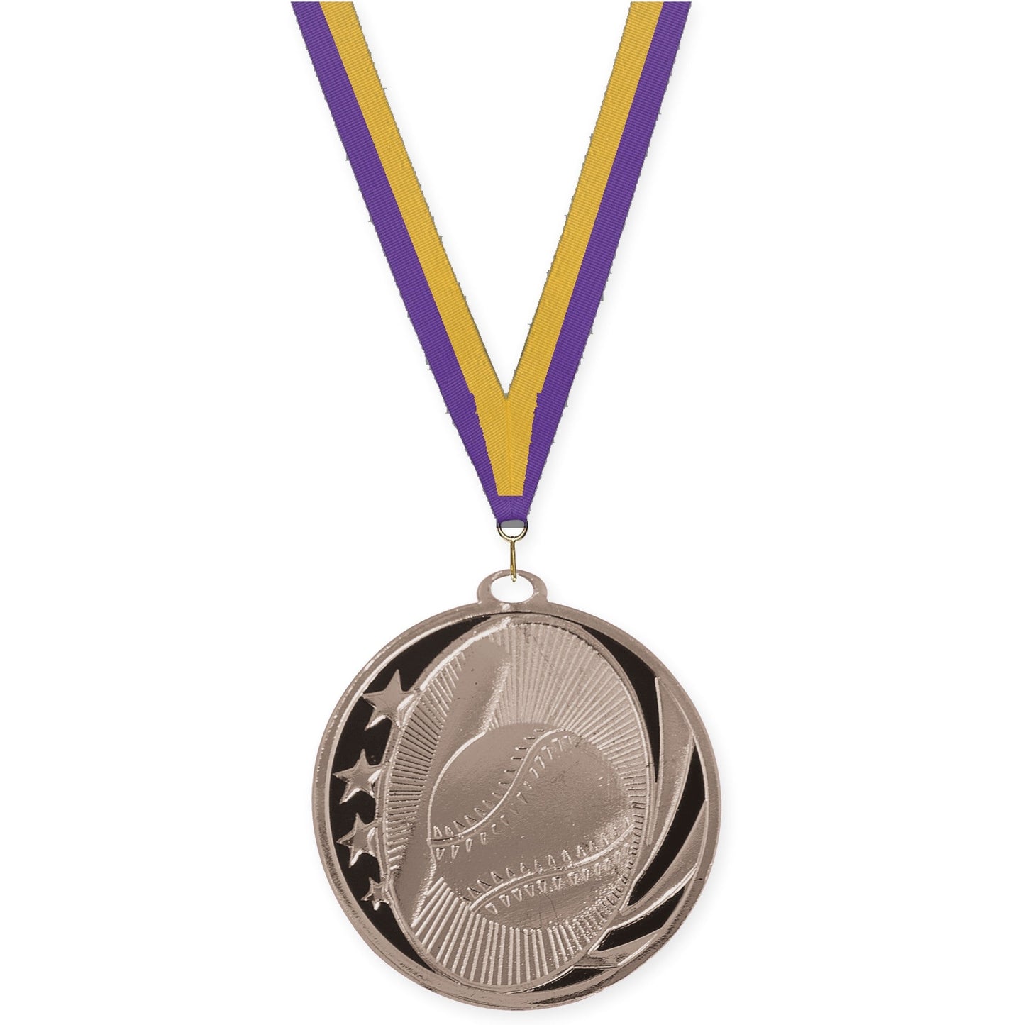 2 inch baseball and softball MidNite Star medal in bright silver with Purple Gold neck ribbon