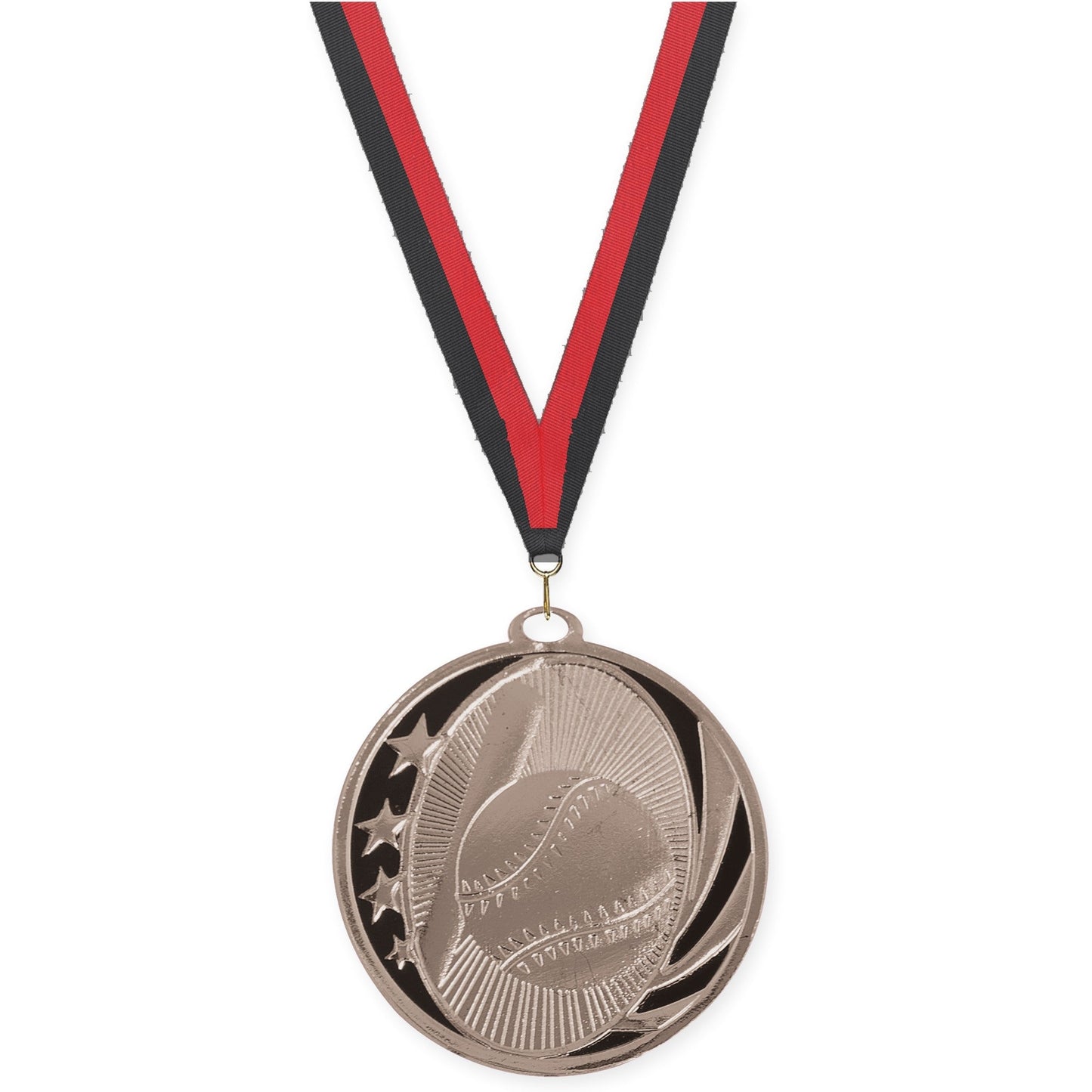 2 inch baseball and softball MidNite Star medal in bright silver with Black Red neck ribbon