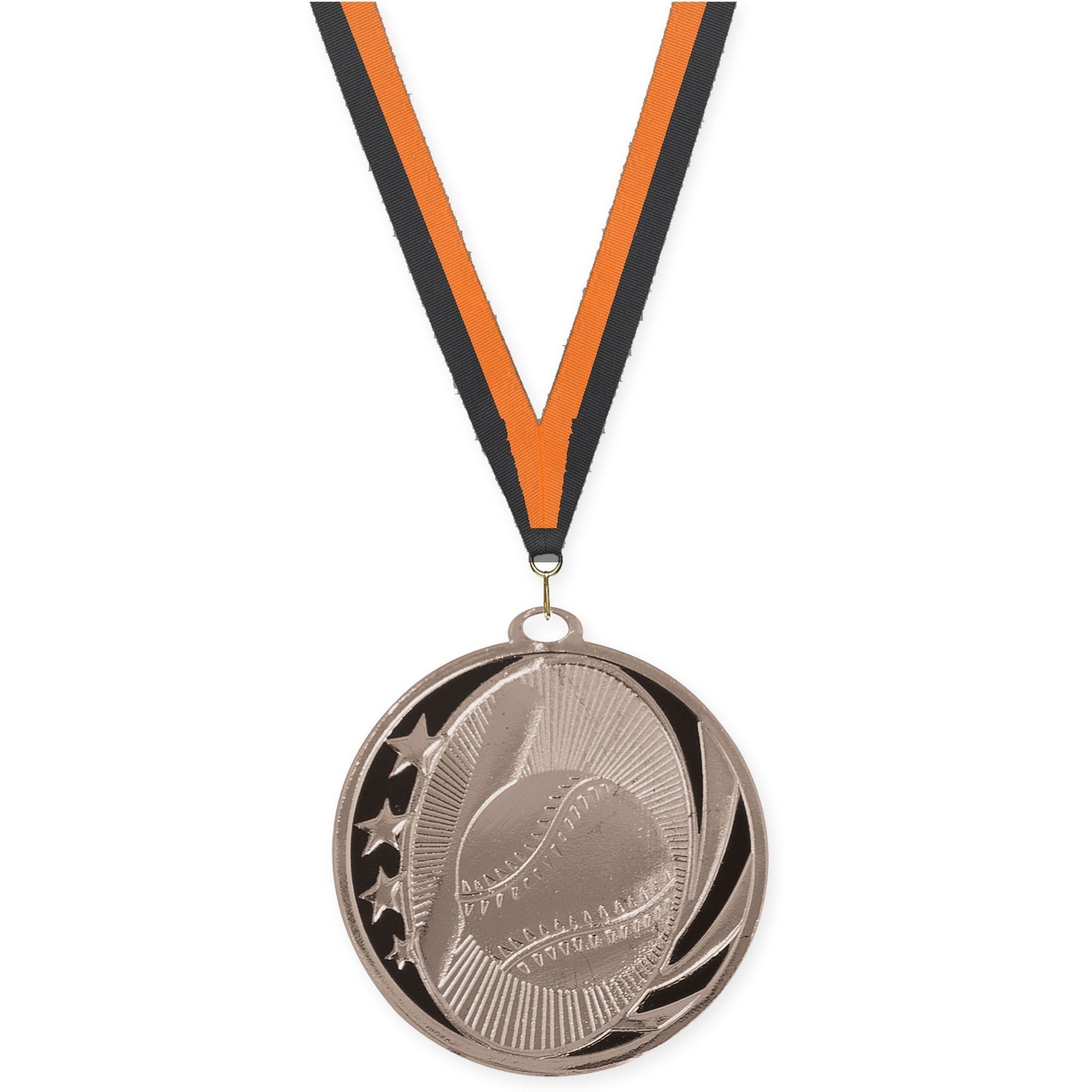 2 inch baseball and softball MidNite Star medal in bright silver with Black Orange neck ribbon