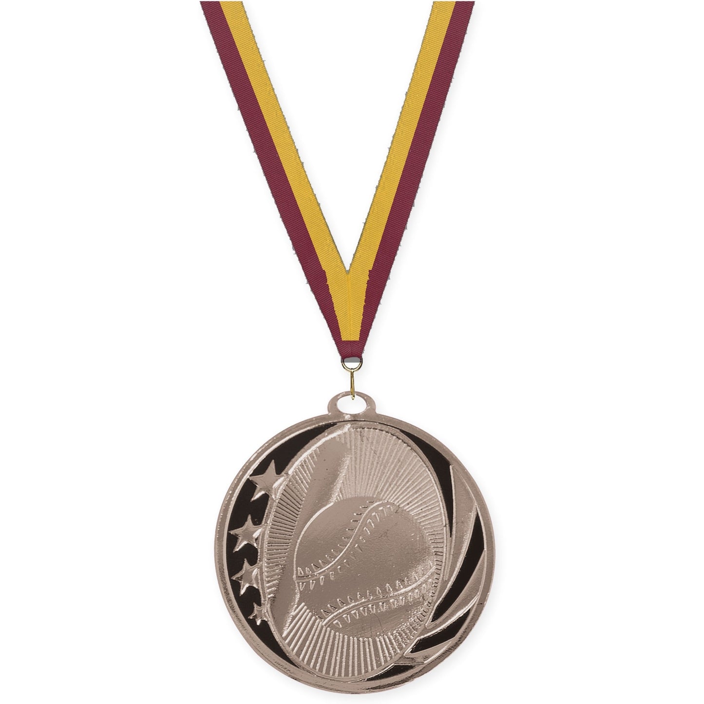 2 inch baseball and softball MidNite Star medal in bright silver with Maroon Gold neck ribbon
