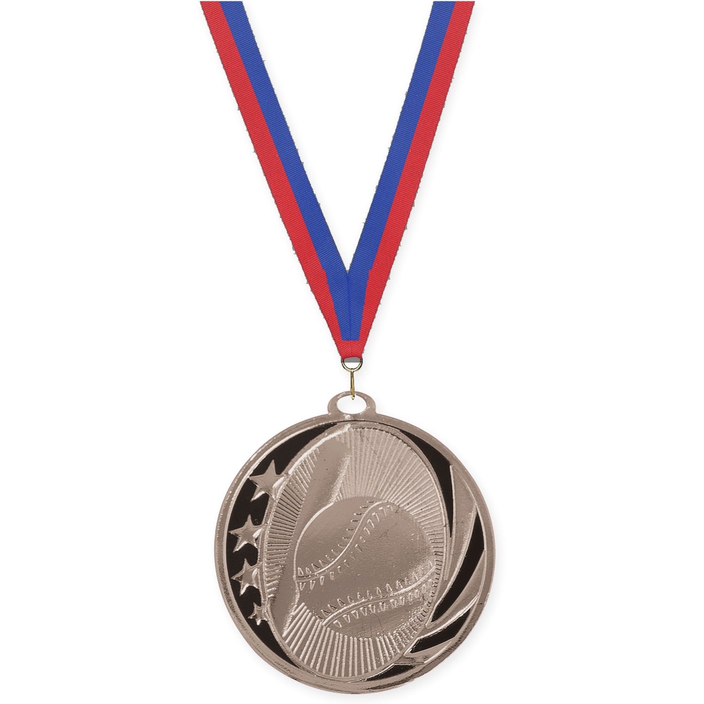 2 inch baseball and softball MidNite Star medal in bright silver with Blue Red neck ribbon