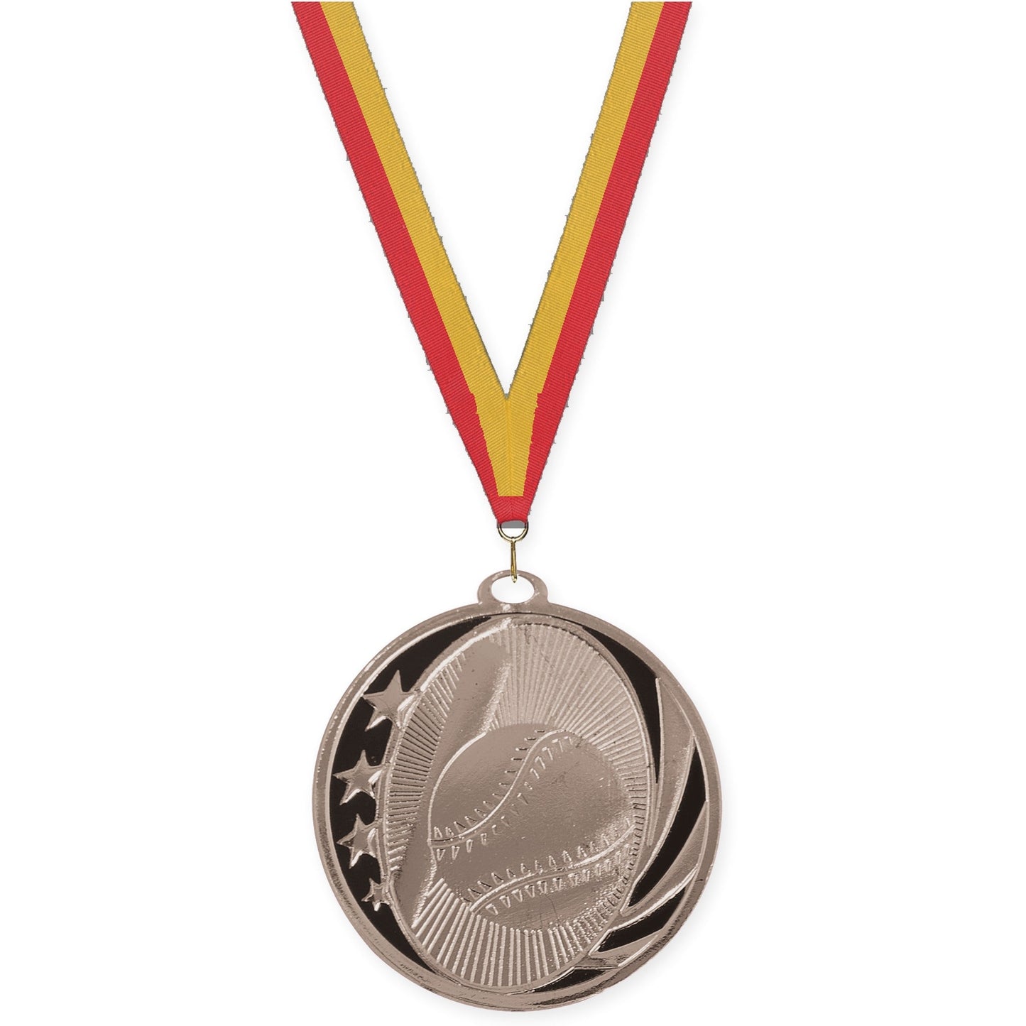2 inch baseball and softball MidNite Star medal in bright silver with Red Gold neck ribbon