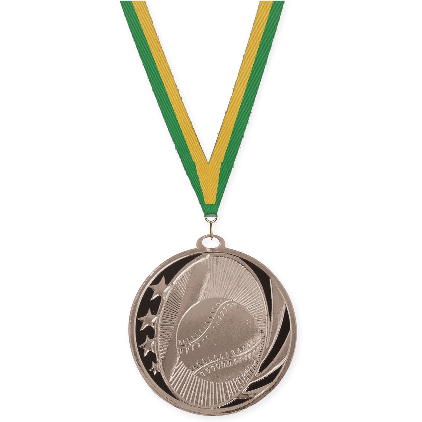 2 inch baseball and softball MidNite Star medal in bright silver with Green Gold neck ribbon