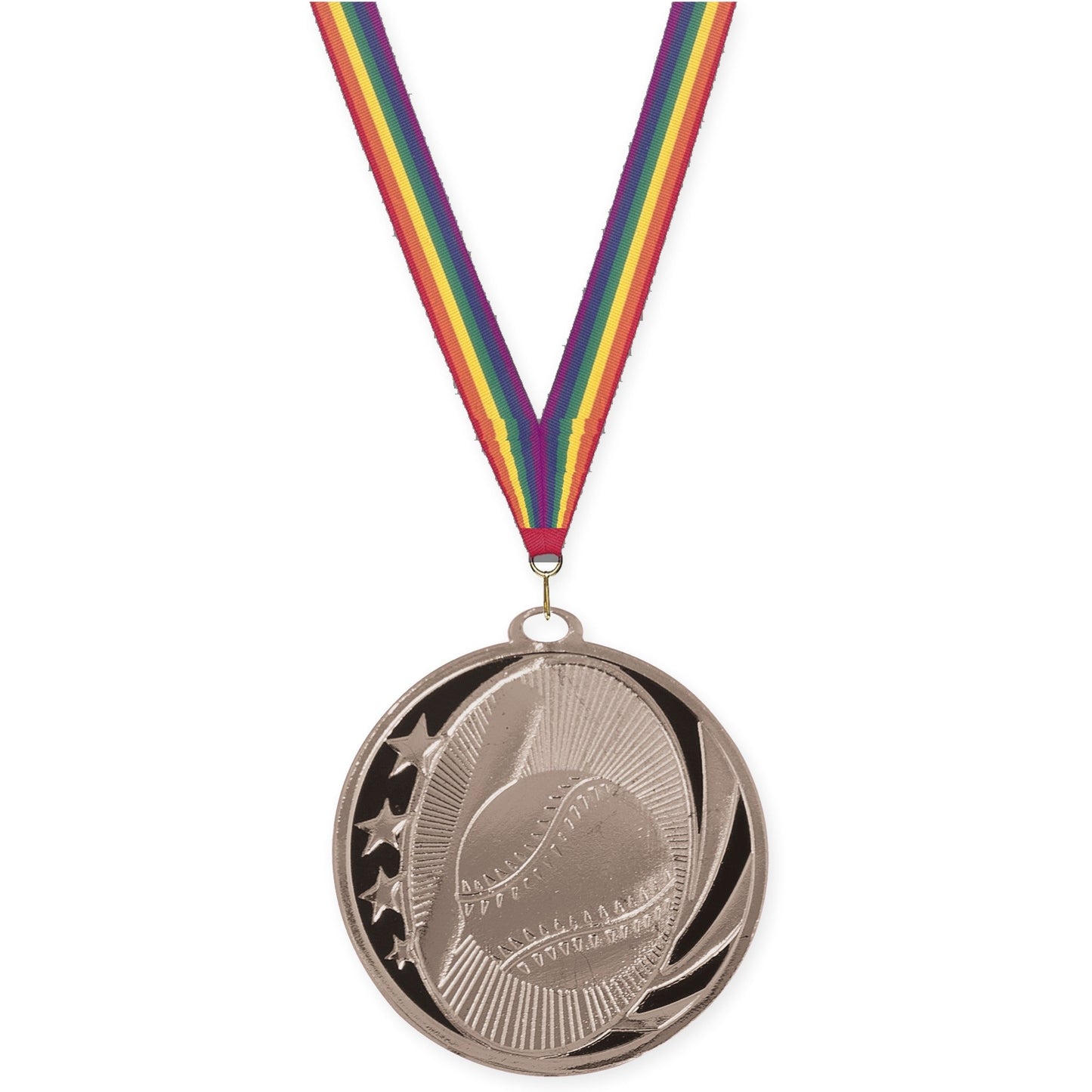2 inch baseball and softball MidNite Star medal in bright silver with Rainbow neck ribbon