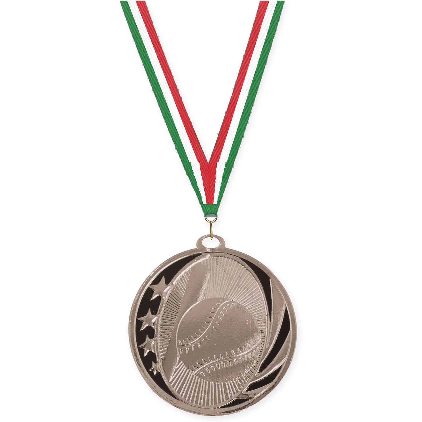 2 inch baseball and softball MidNite Star medal in bright silver with Green White Red neck ribbon
