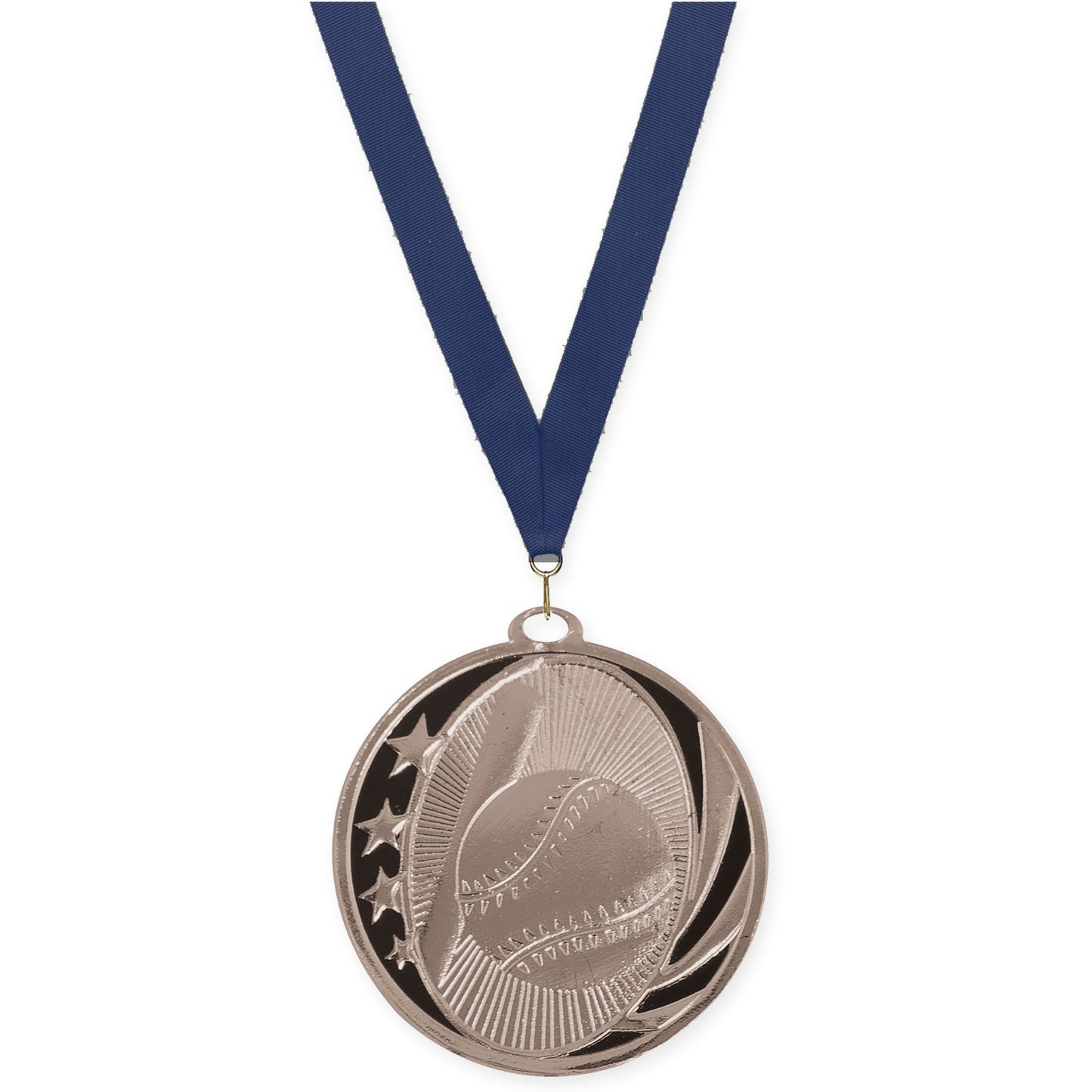 2 inch baseball and softball MidNite Star medal in bright silver with Navy neck ribbon