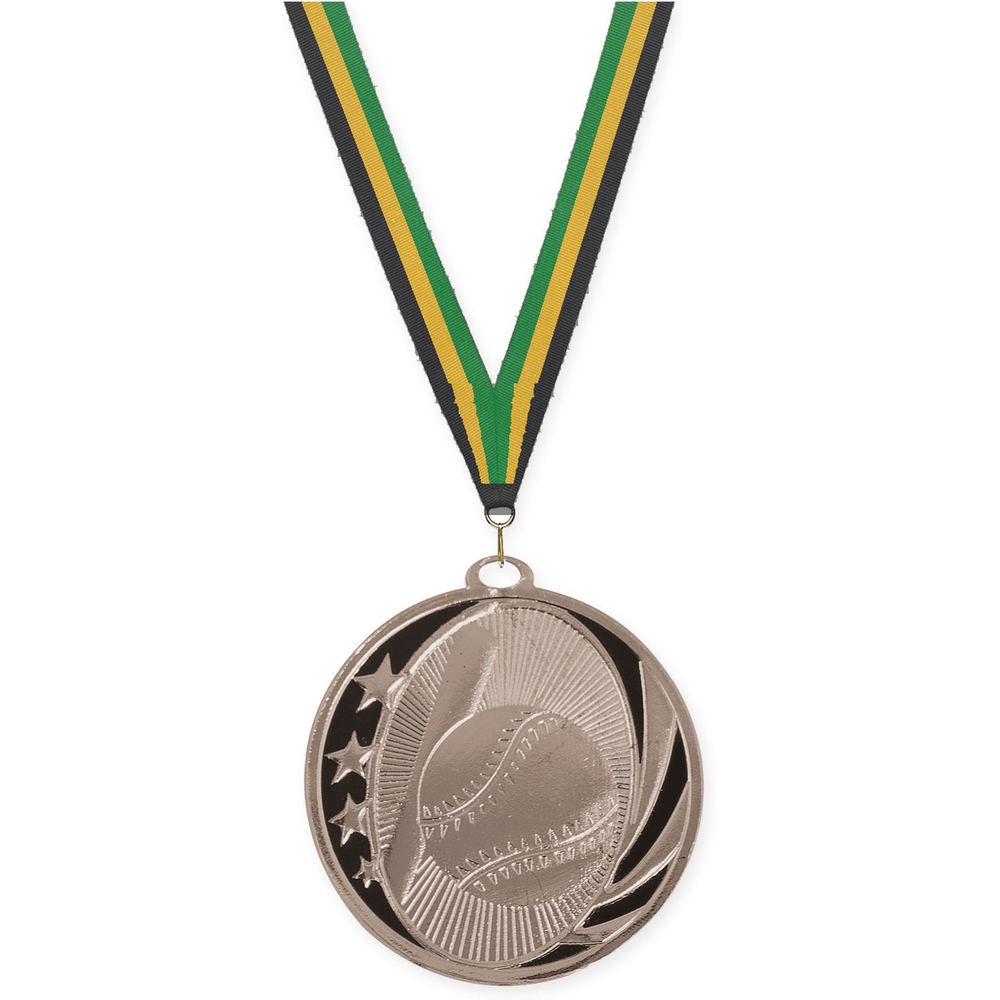 2 inch baseball and softball MidNite Star medal in bright silver with Black Gold Green neck ribbon