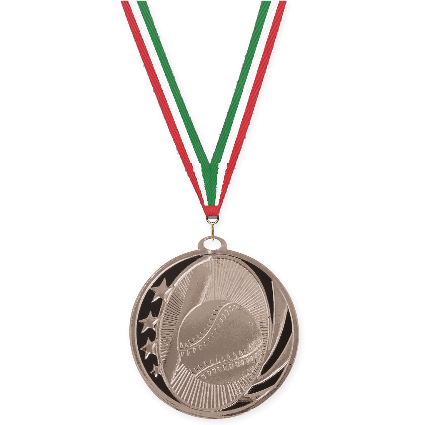 2 inch baseball and softball MidNite Star medal in bright silver with Red White Green neck ribbon