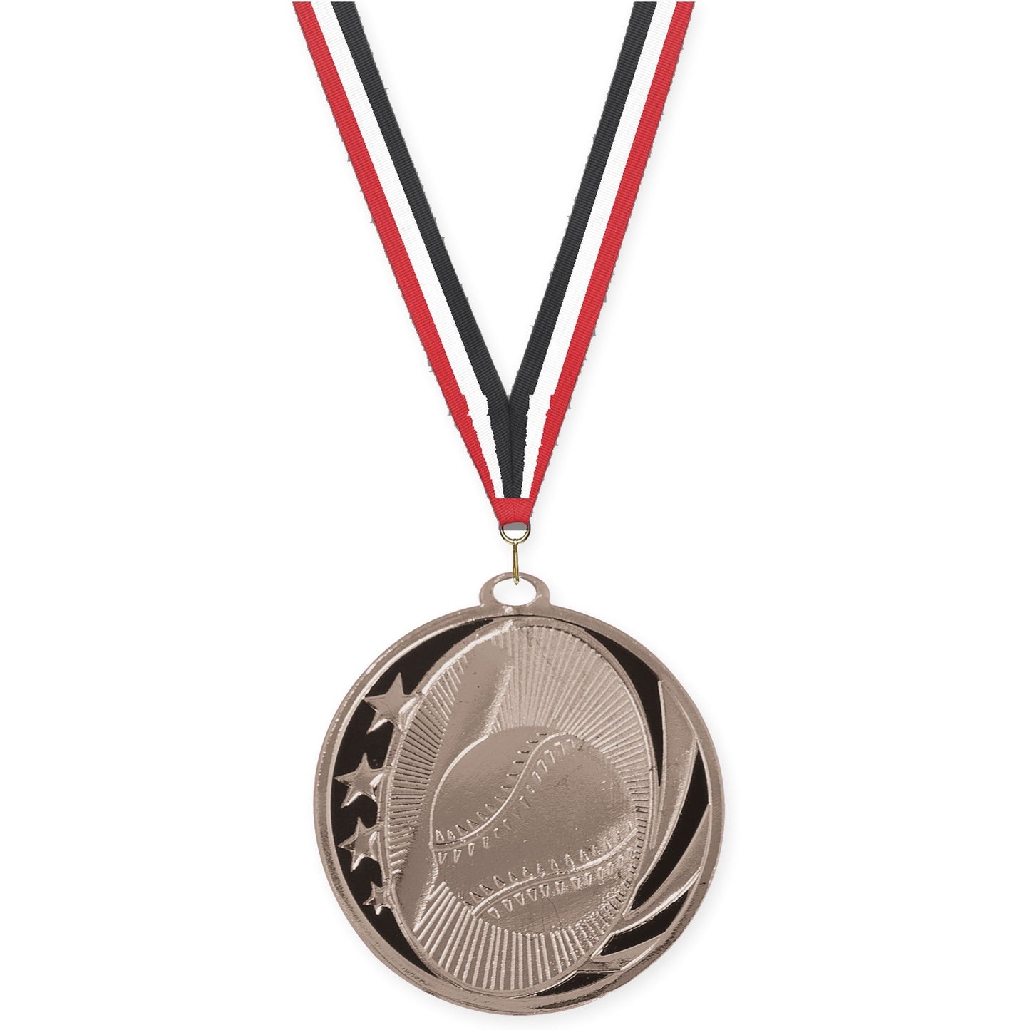 2 inch baseball and softball MidNite Star medal in bright silver with Red White Black neck ribbon