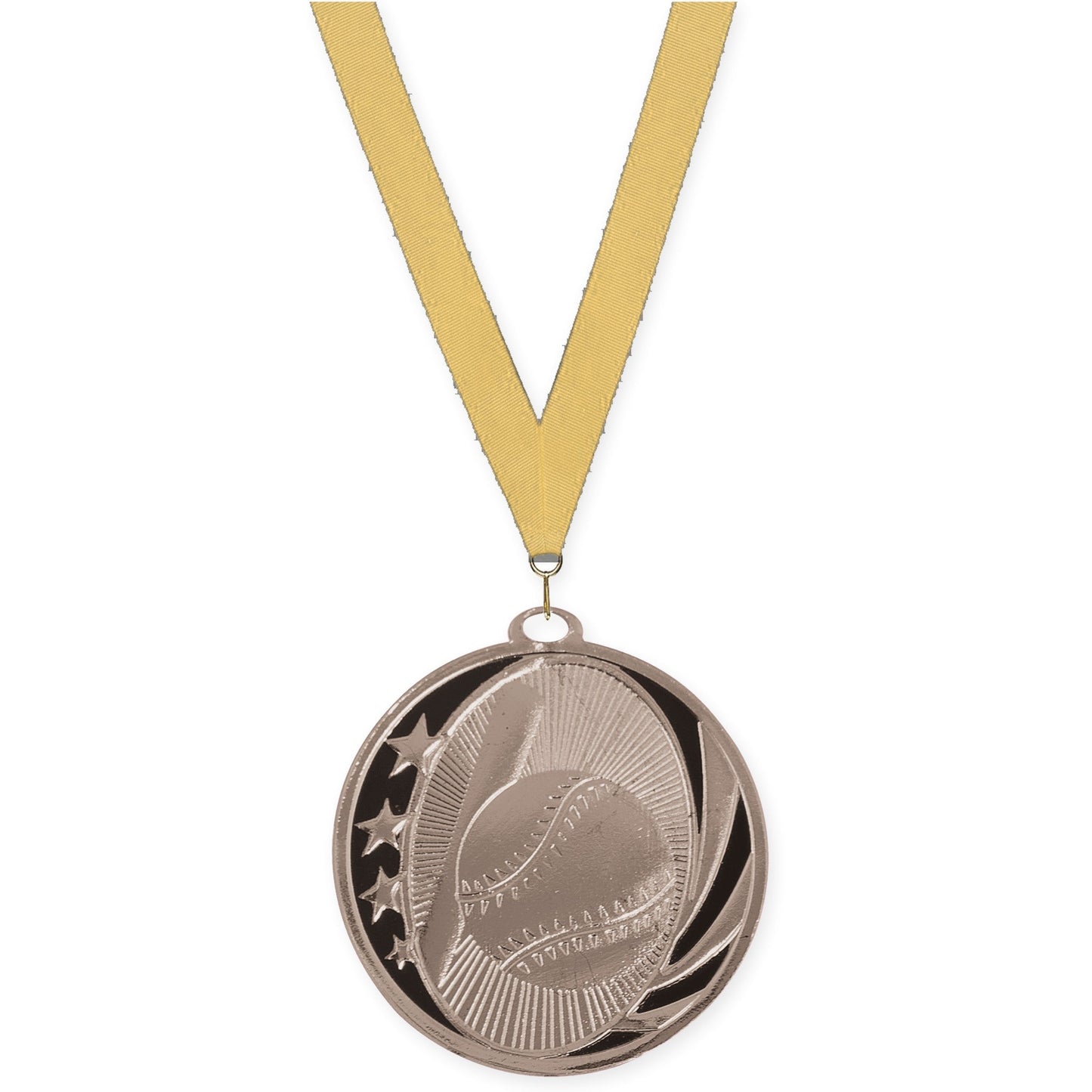 2 inch baseball and softball MidNite Star medal in bright silver with Gold Metallic neck ribbon