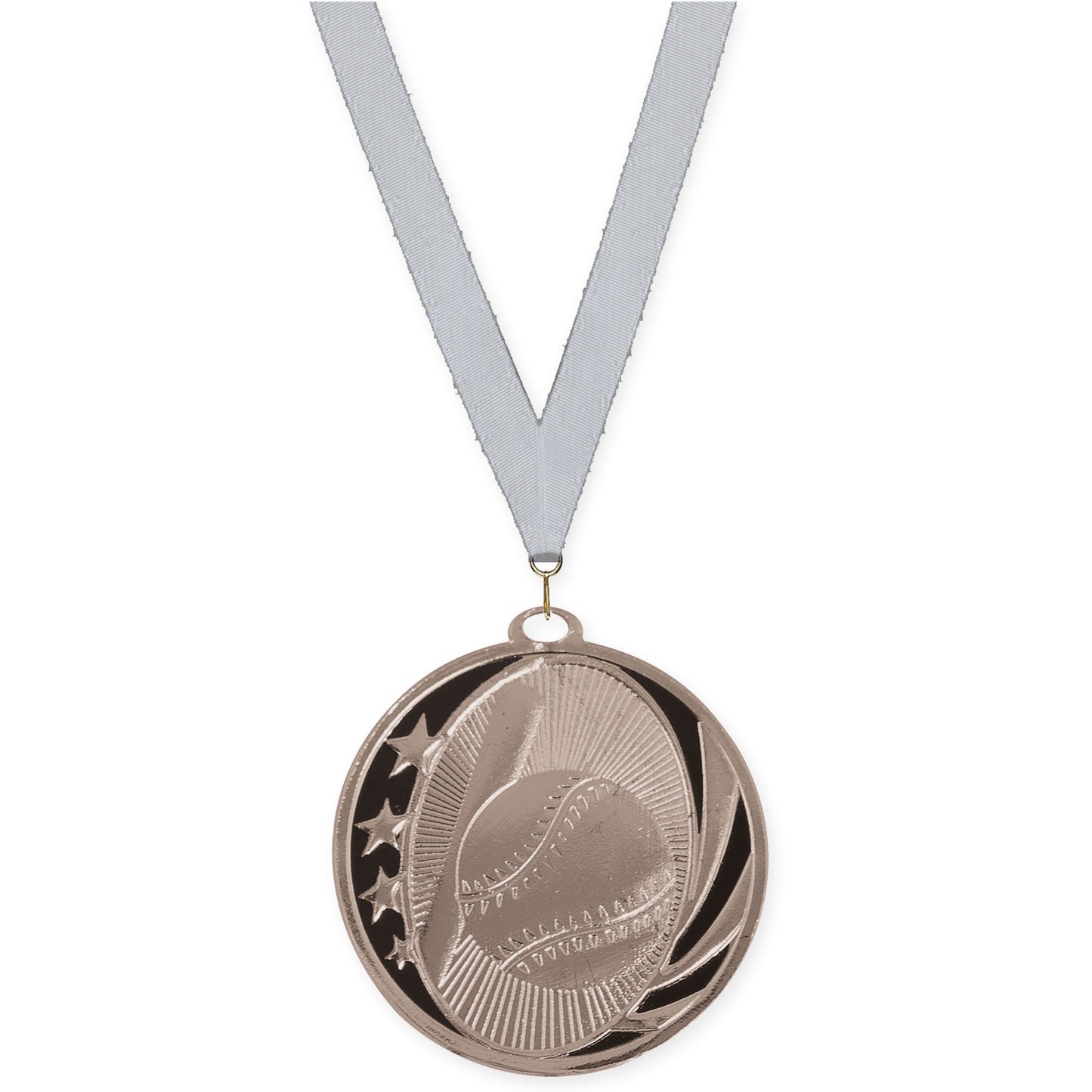 2 inch baseball and softball MidNite Star medal in bright silver with Silver Metallic neck ribbon