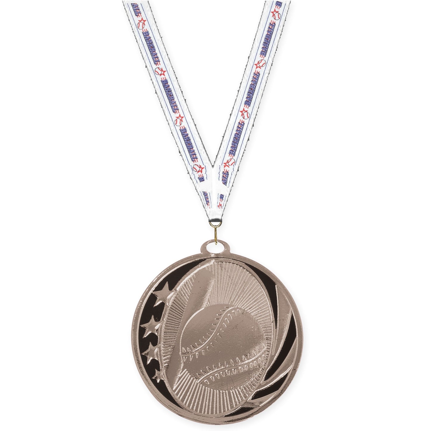2 inch baseball and softball MidNite Star medal in bright silver with Baseball neck ribbon