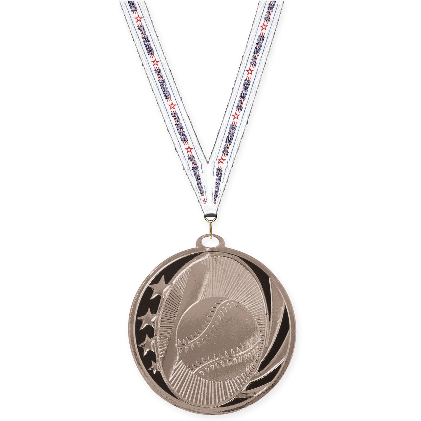 2 inch baseball and softball MidNite Star medal in bright silver with 2nd Place neck ribbon