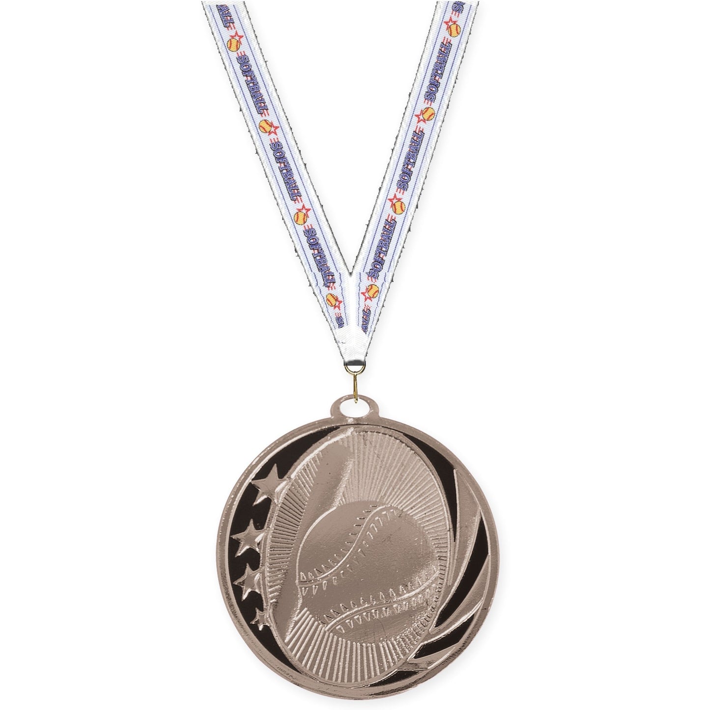 2 inch baseball and softball MidNite Star medal in bright silver with Softball neck ribbon