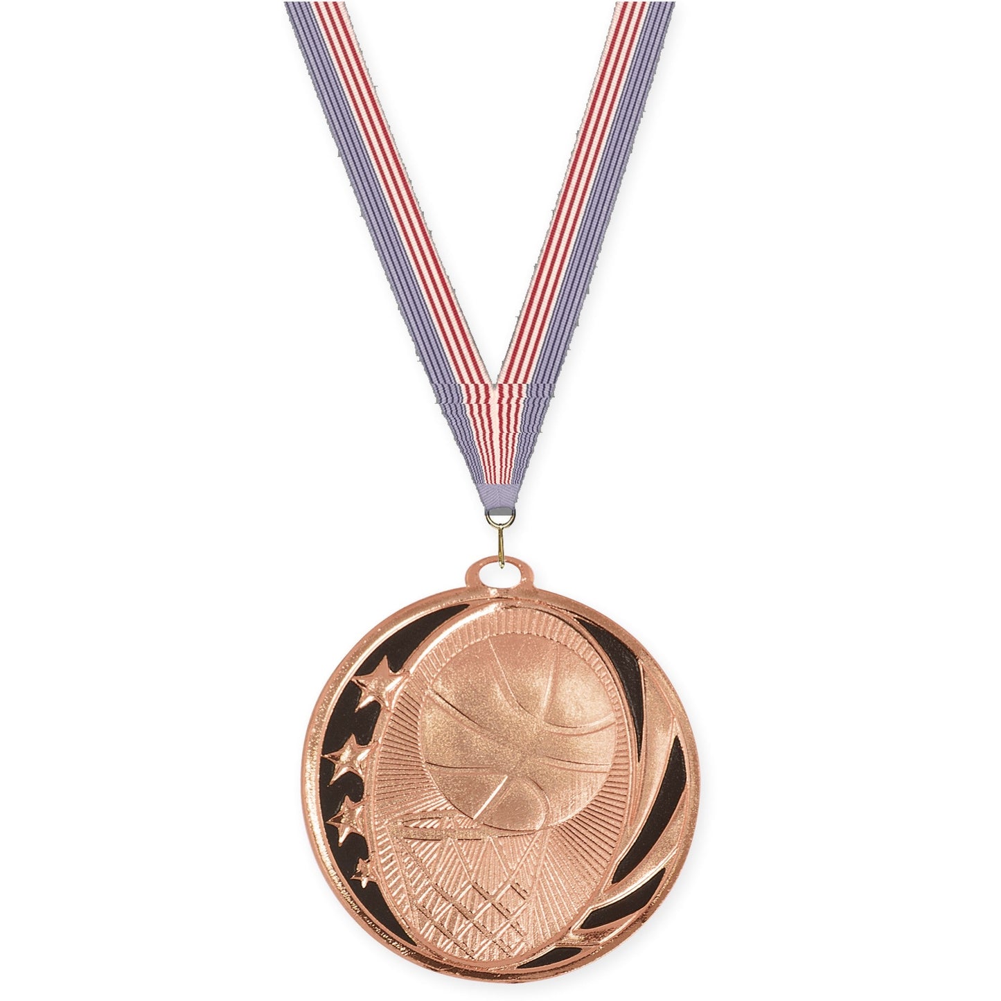 2 inch basketball MidNite Star medal in bright bronze with USA Flag neck ribbon