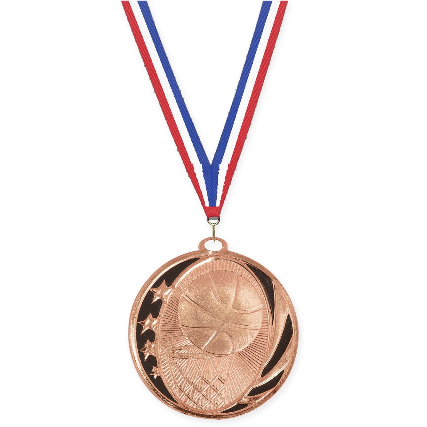 2 inch basketball MidNite Star medal in bright bronze with Red White Blue neck ribbon