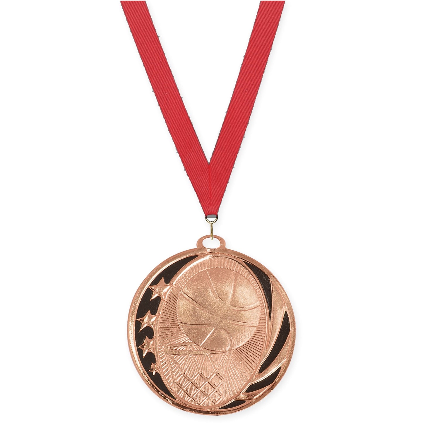 2 inch basketball MidNite Star medal in bright bronze with Red neck ribbon