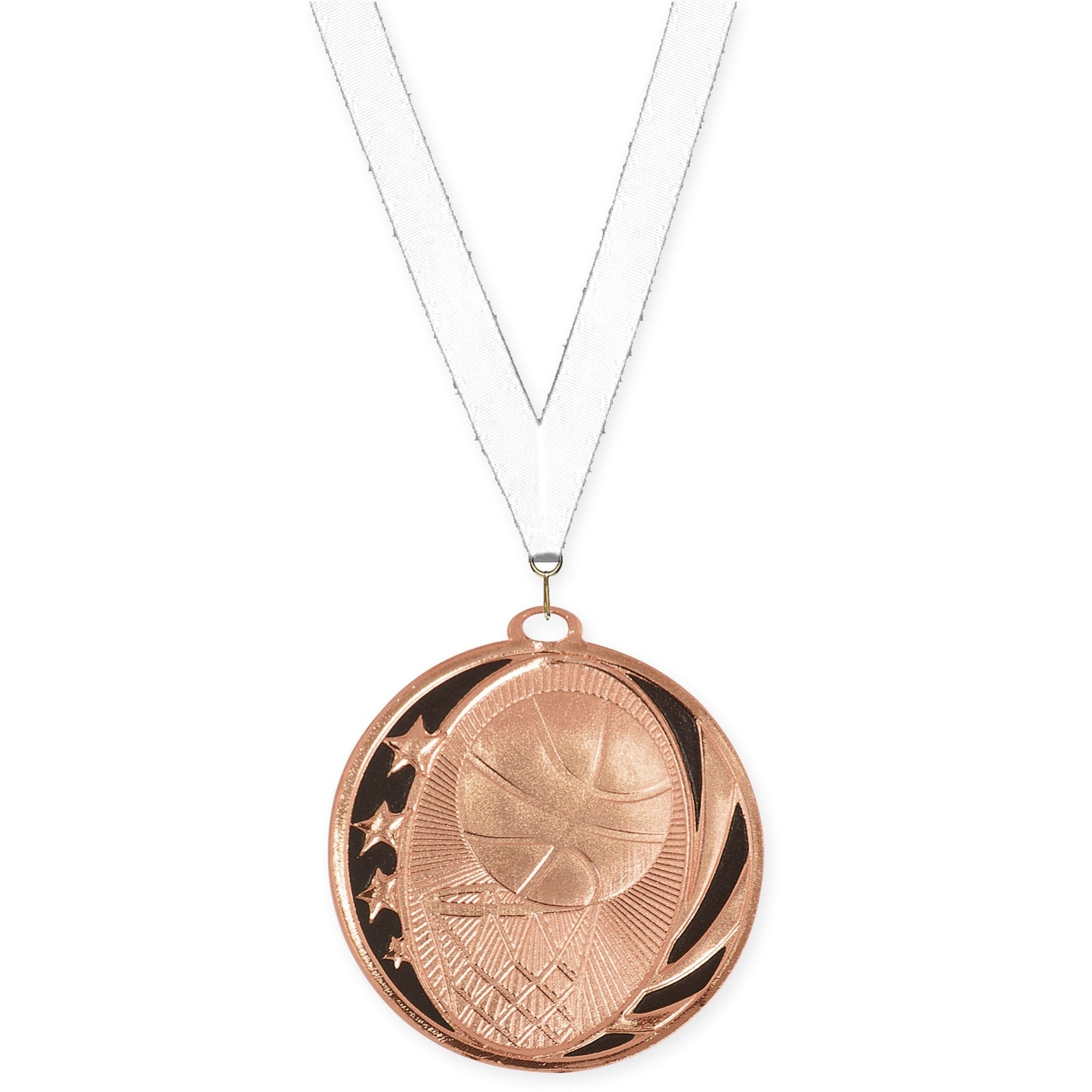 2 inch basketball MidNite Star medal in bright bronze with White neck ribbon