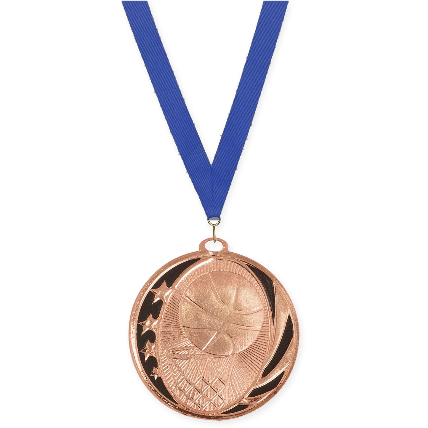 2 inch basketball MidNite Star medal in bright bronze with Blue neck ribbon