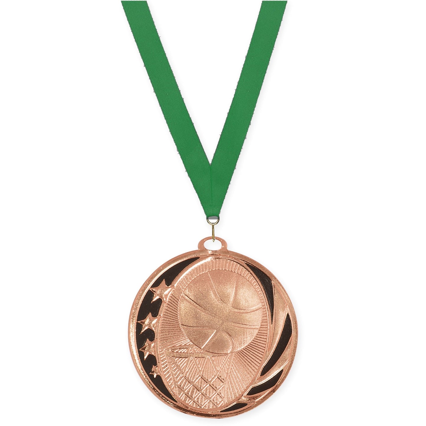 2 inch basketball MidNite Star medal in bright bronze with Green neck ribbon