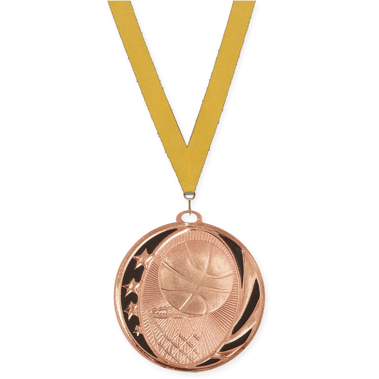 2 inch basketball MidNite Star medal in bright bronze with Gold neck ribbon