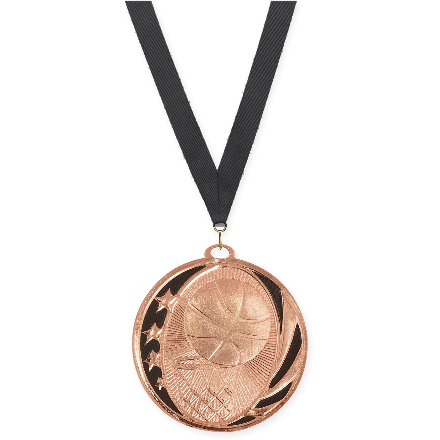 2 inch basketball MidNite Star medal in bright bronze with Black neck ribbon