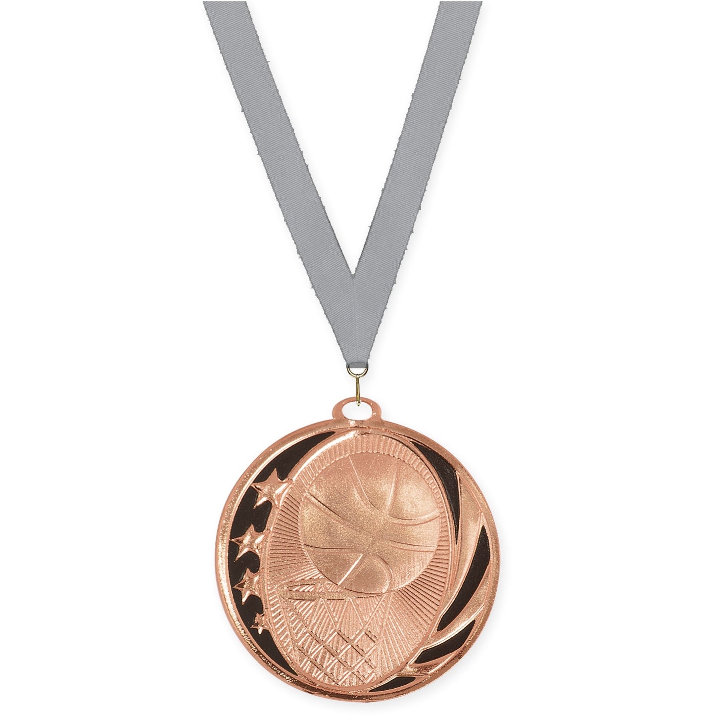 2 inch basketball MidNite Star medal in bright bronze with Gray neck ribbon