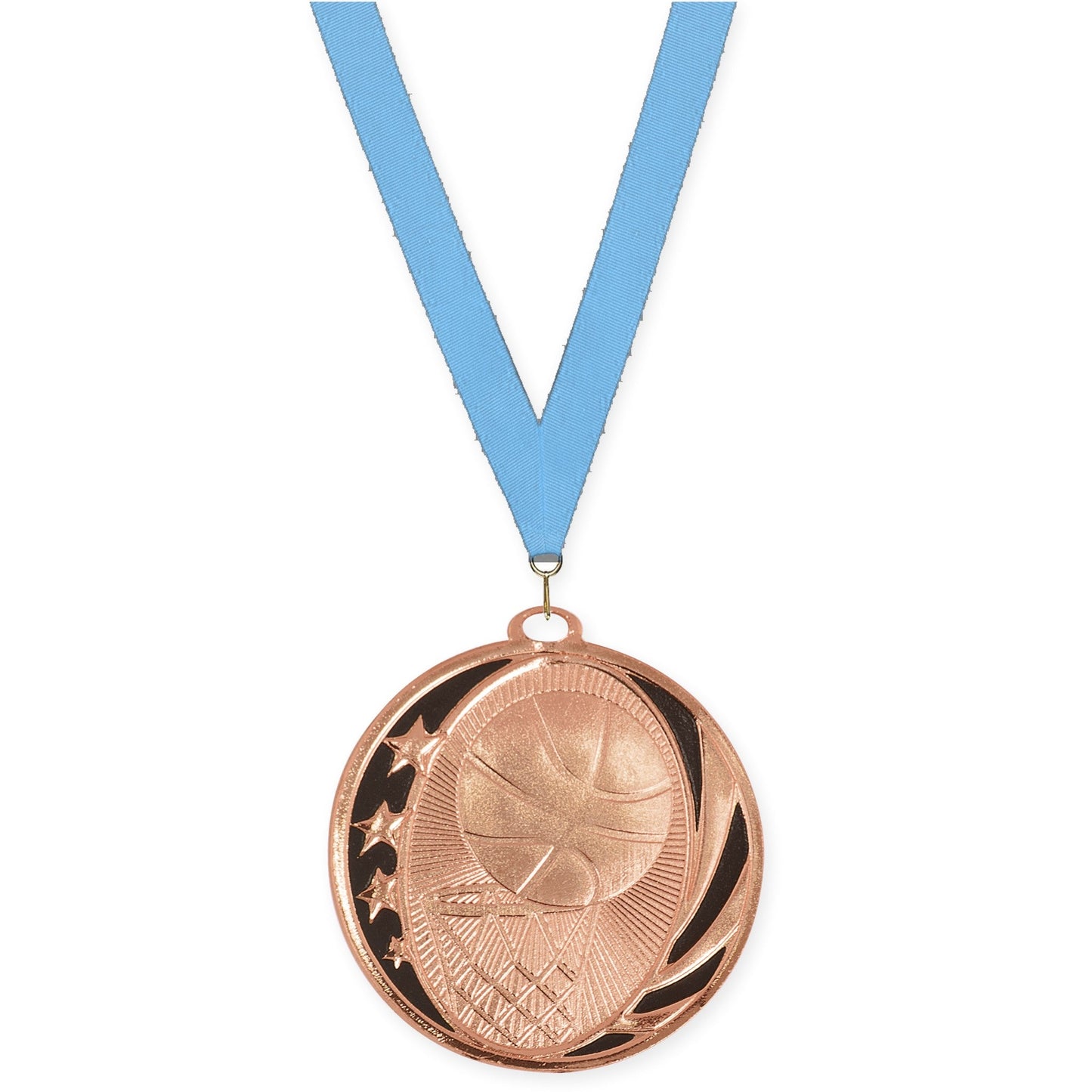 2 inch basketball MidNite Star medal in bright bronze with Light Blue neck ribbon