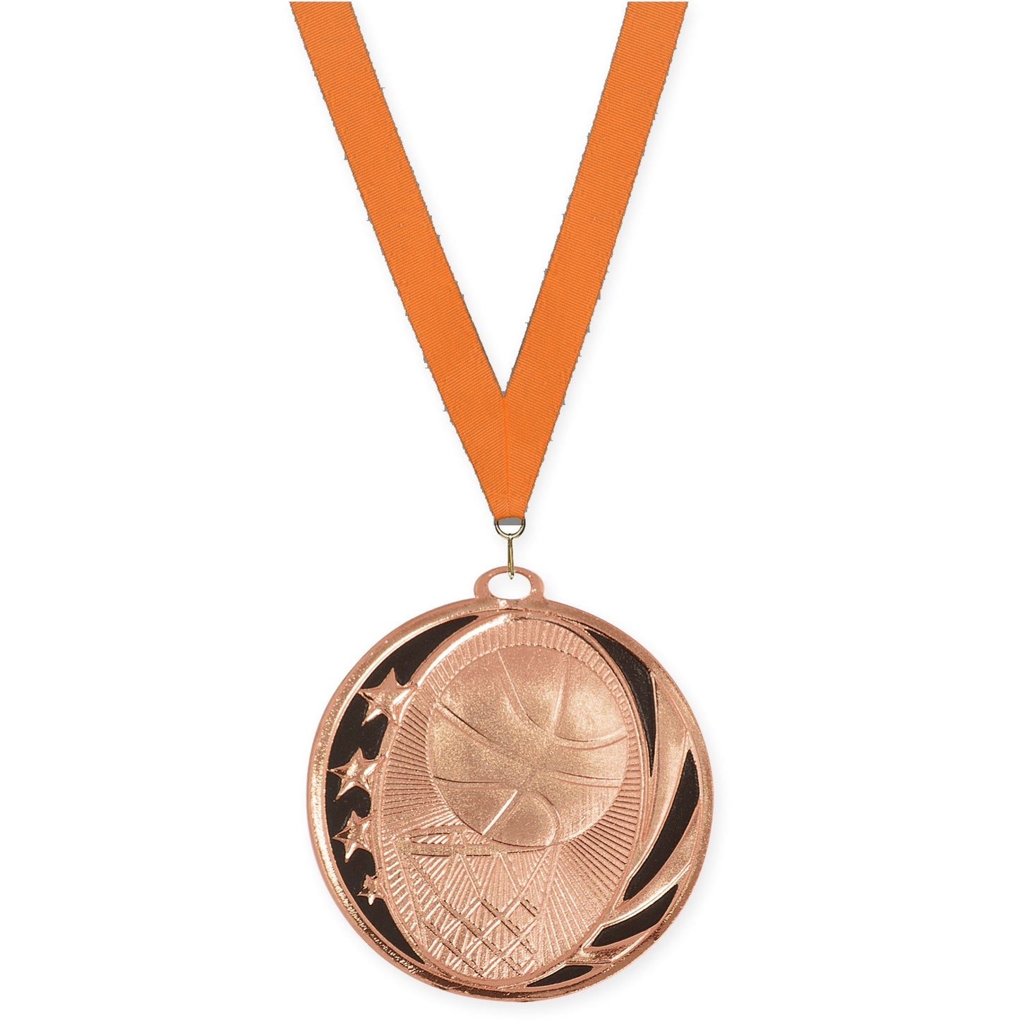 2 inch basketball MidNite Star medal in bright bronze with Orange neck ribbon