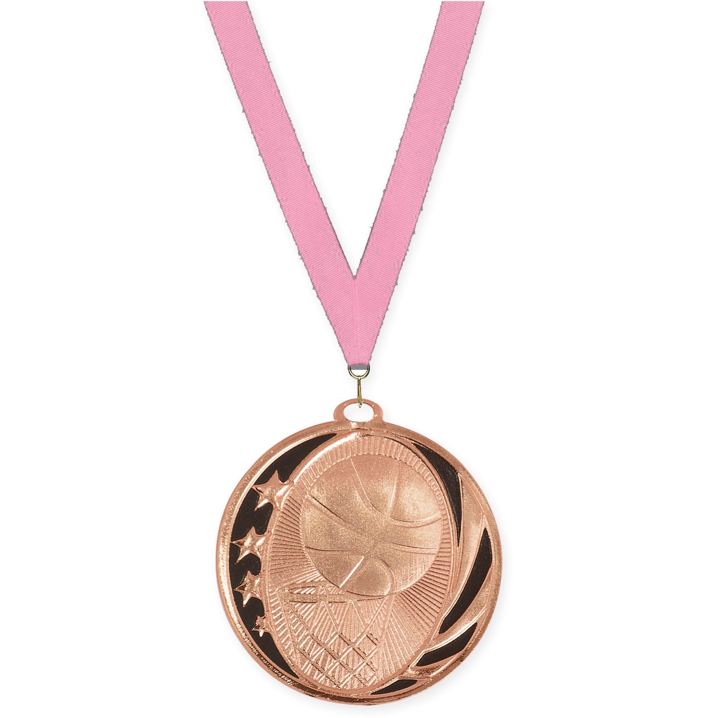 2 inch basketball MidNite Star medal in bright bronze with Pink neck ribbon