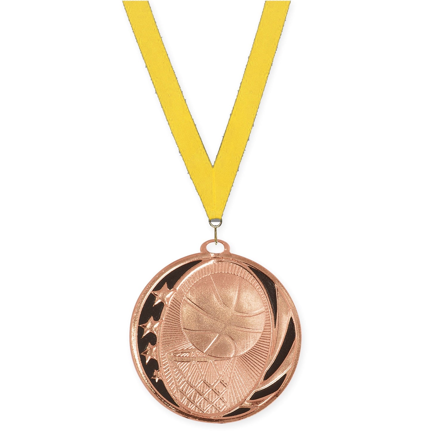 2 inch basketball MidNite Star medal in bright bronze with Yellow neck ribbon