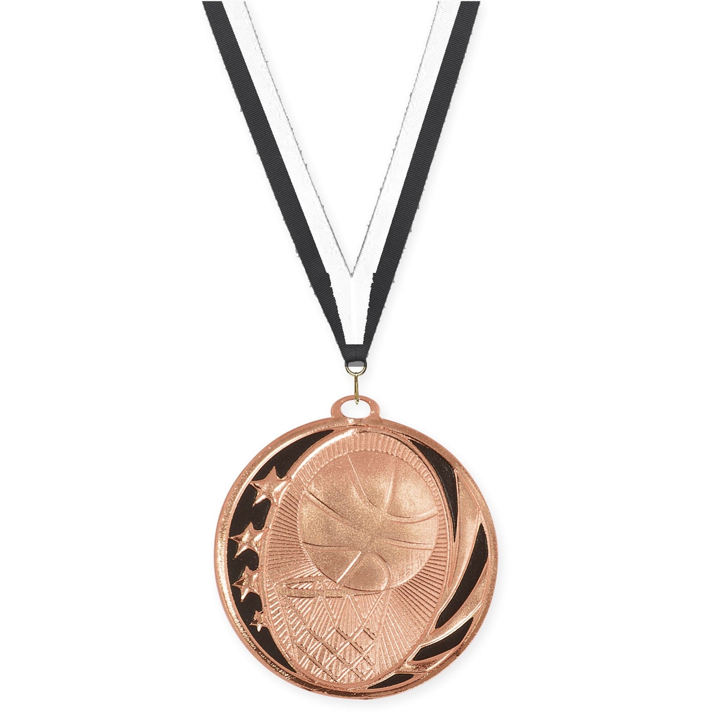 2 inch basketball MidNite Star medal in bright bronze with Black White neck ribbon