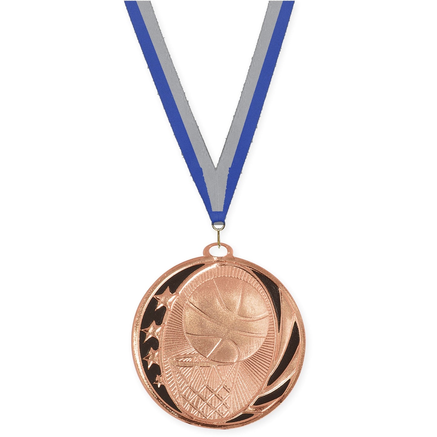 2 inch basketball MidNite Star medal in bright bronze with Blue Gray neck ribbon
