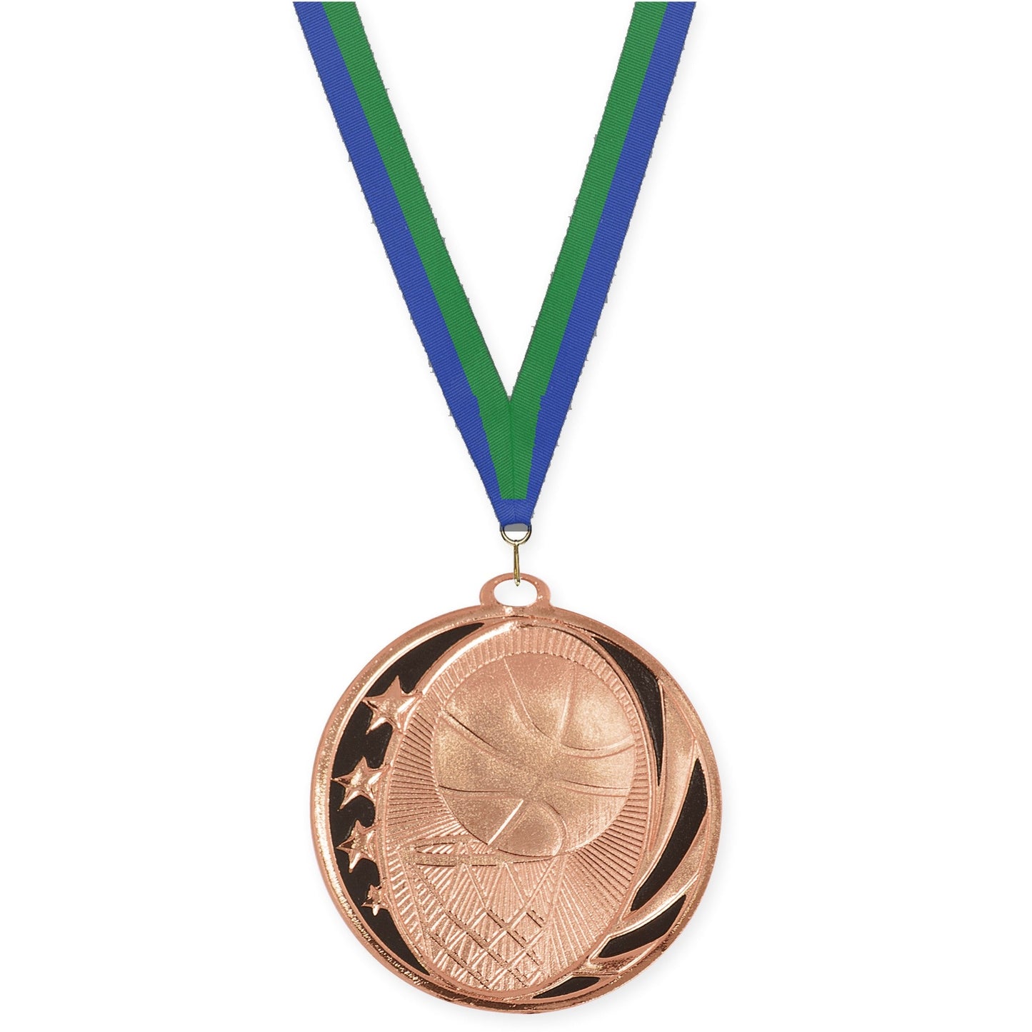 2 inch basketball MidNite Star medal in bright bronze with Blue Green neck ribbon