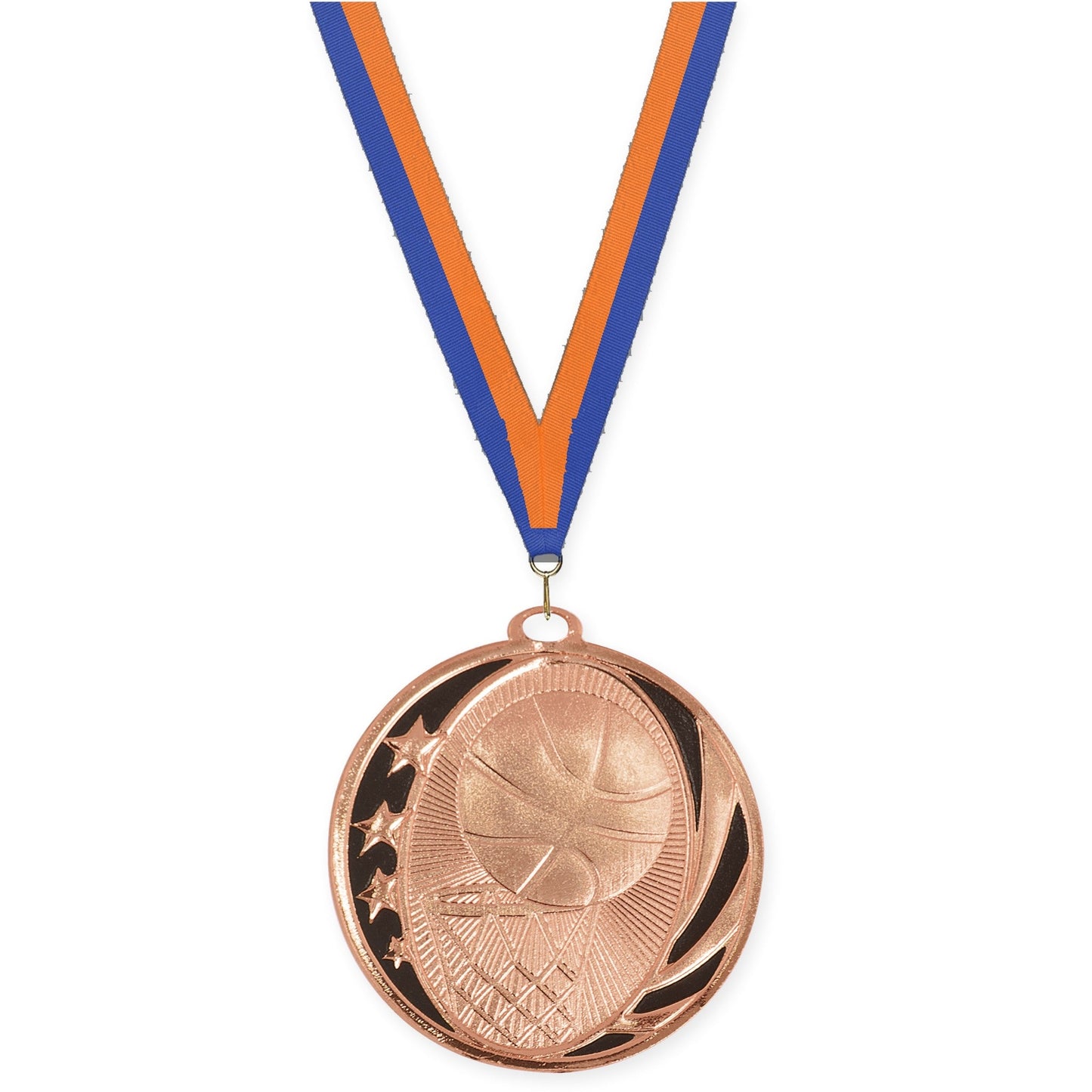2 inch basketball MidNite Star medal in bright bronze with Blue Orange neck ribbon