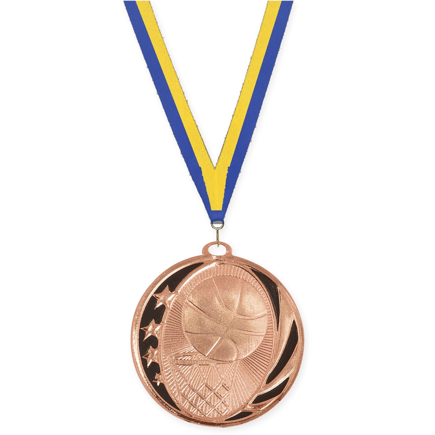 2 inch basketball MidNite Star medal in bright bronze with Blue Yellow neck ribbon