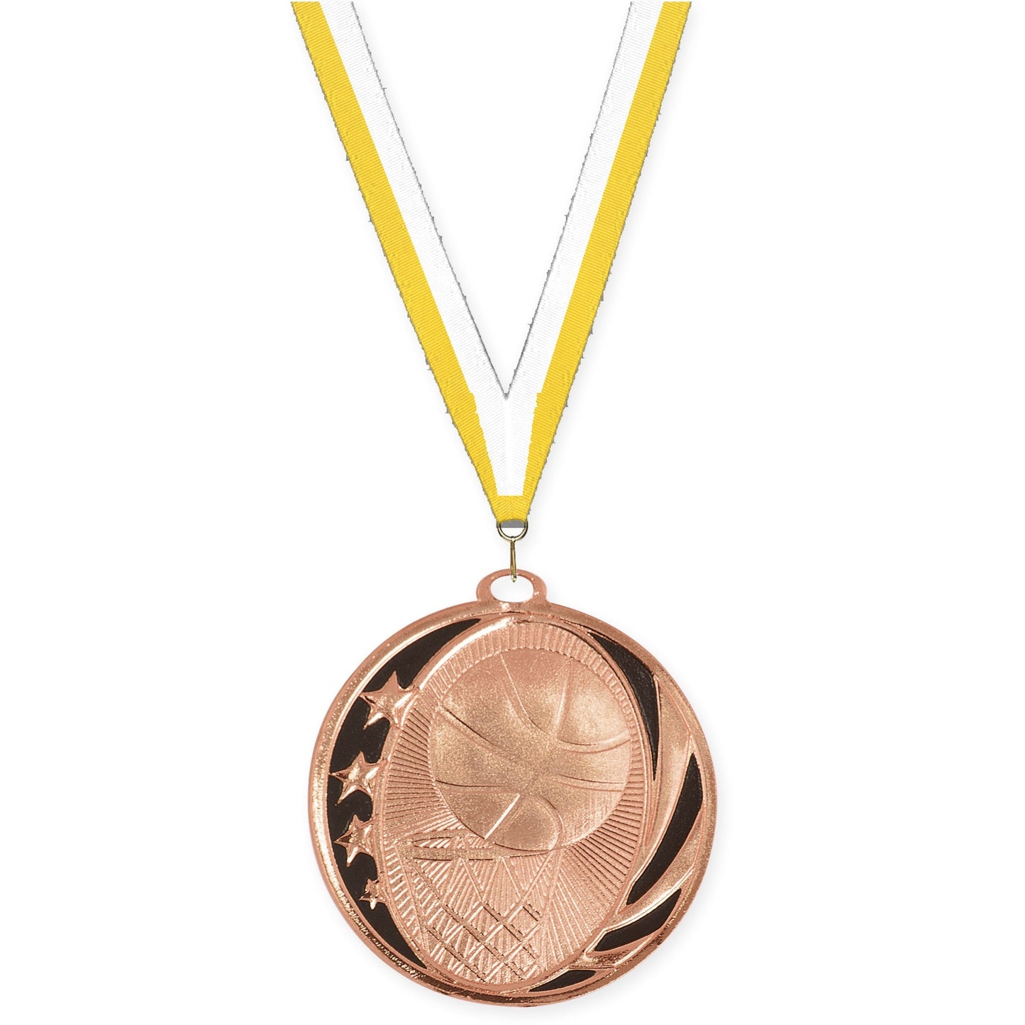 2 inch basketball MidNite Star medal in bright bronze with Yellow White neck ribbon